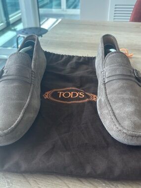 Tod's Taupe Suede Penny Loafers with Small Metal Bit